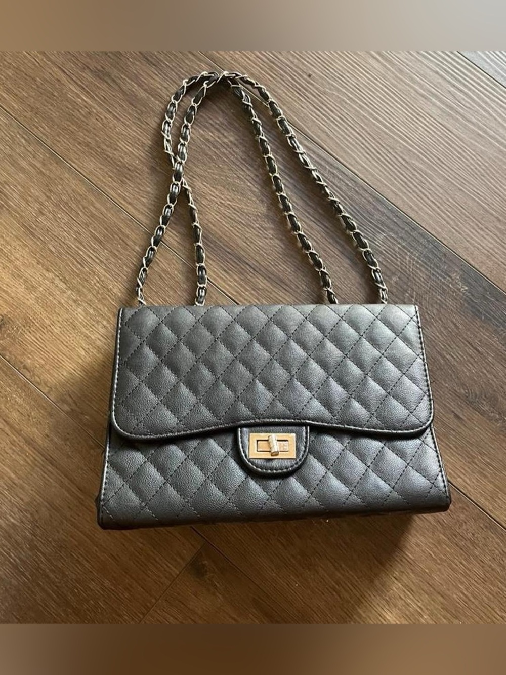 Black Faux Leather Quilted Flap Bag